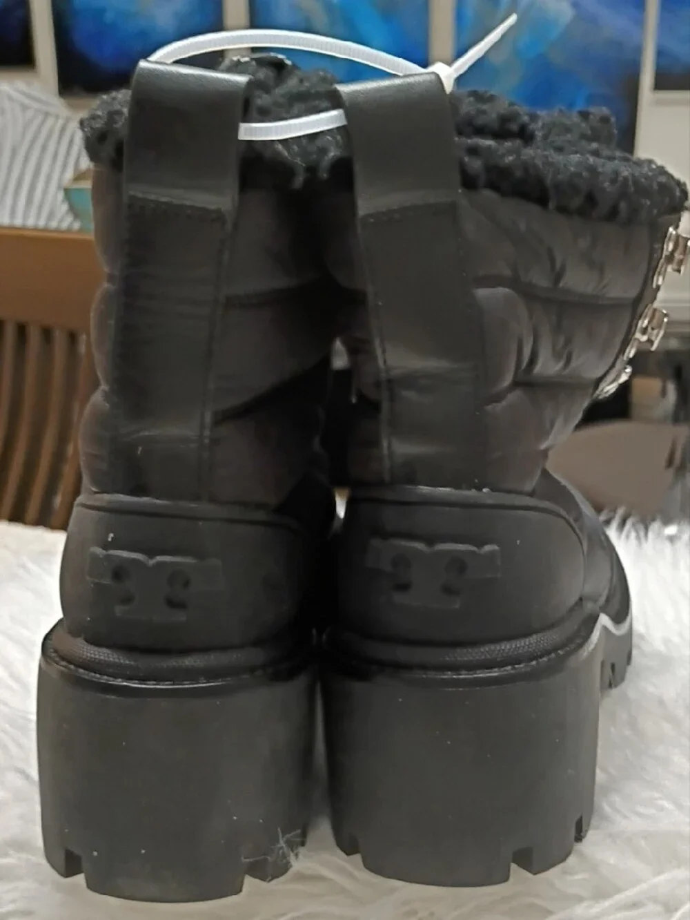 New Tory Burch Gressame Generation Black Quilted Faux-Fur Lug Sole Winter Boots